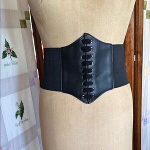Black Wide Corset Waist Belt, Elastic Back, Faux Leather Lace-Up Front
